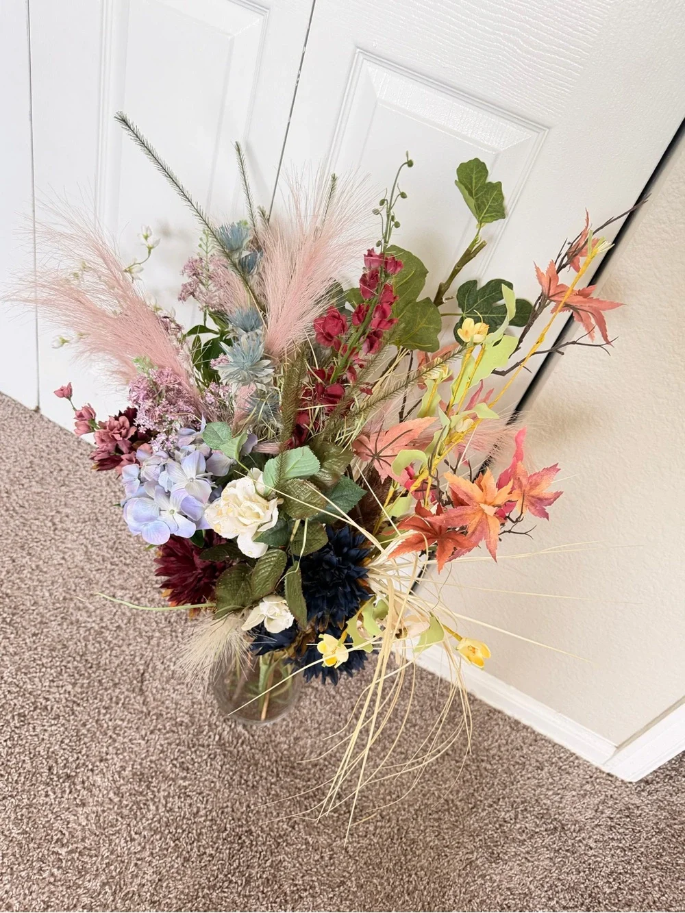 Hand Crafted Mixed Faux Floral Bouquet in Pink, Blue, Burgundy & Cream
